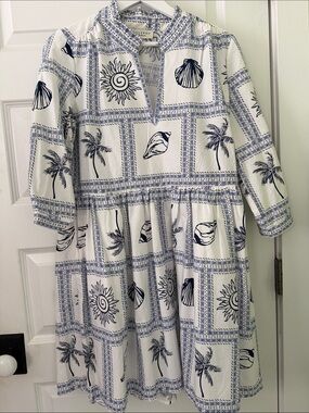 Calypso St. Barth White and Navy Sea Motif Popover Dress